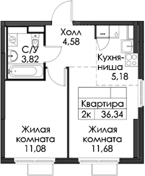 1-комнатная квартира 36.34 м², 6/12 эт., ЖК «Таллинский парк»